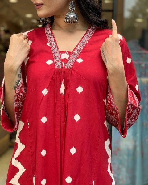 RED ANARKALI HEAVY PURE COTTON SUIT SET  3 Piece Kurti Set