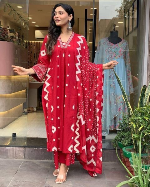 RED ANARKALI HEAVY PURE COTTON SUIT SET  3 Piece Kurti Set