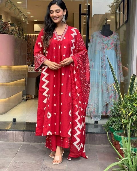 RED ANARKALI HEAVY PURE COTTON SUIT SET  3 Piece Kurti Set
