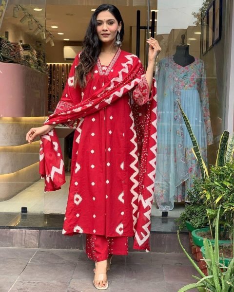 RED ANARKALI HEAVY PURE COTTON SUIT SET  3 Piece Kurti Set