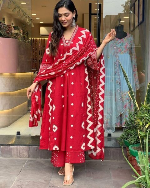 RED ANARKALI HEAVY PURE COTTON SUIT SET  3 Piece Kurti Set