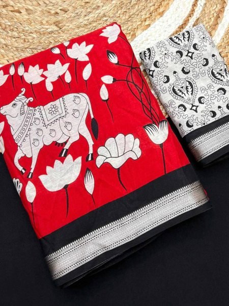 red and black printed satin saree with traditional cow design japan silk feel Sarees 