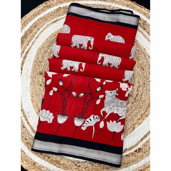 red and black printed satin saree with traditional cow design japan silk feel Printed Cotton Sarees Wholesale
