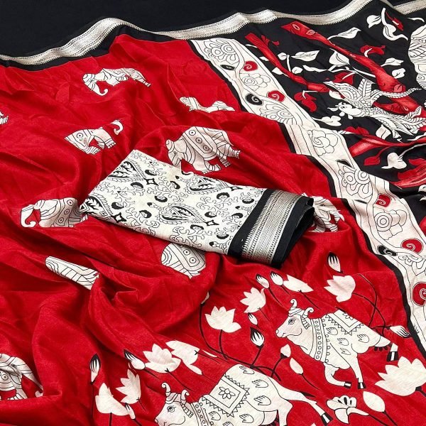 red and black printed satin saree with traditional cow design japan silk feel Printed Cotton Sarees Wholesale