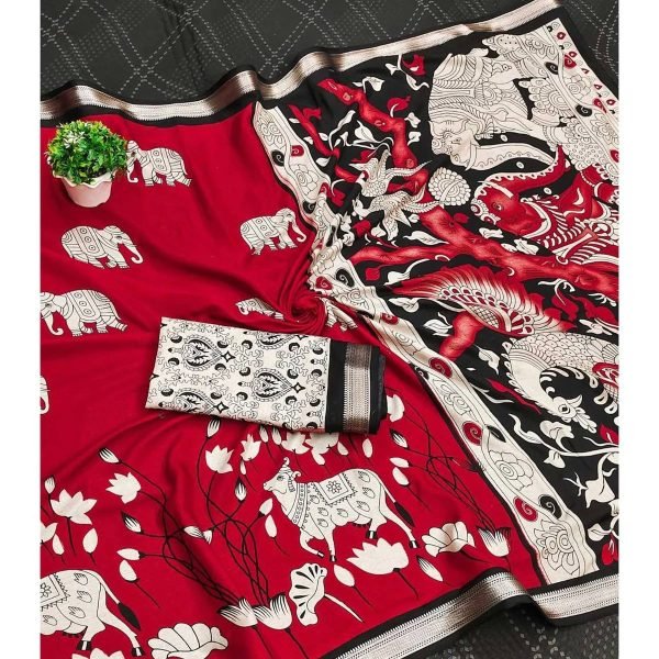 red and black printed satin saree with traditional cow design japan silk feel Printed Cotton Sarees Wholesale