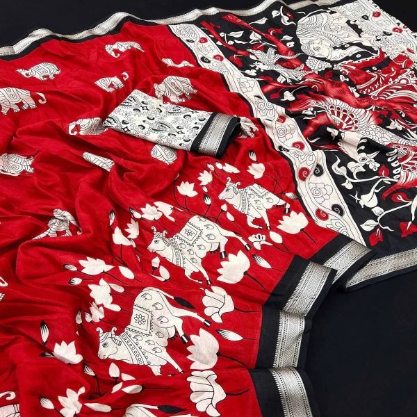 red and black printed satin saree with traditional cow design japan silk feel Printed Cotton Sarees Wholesale