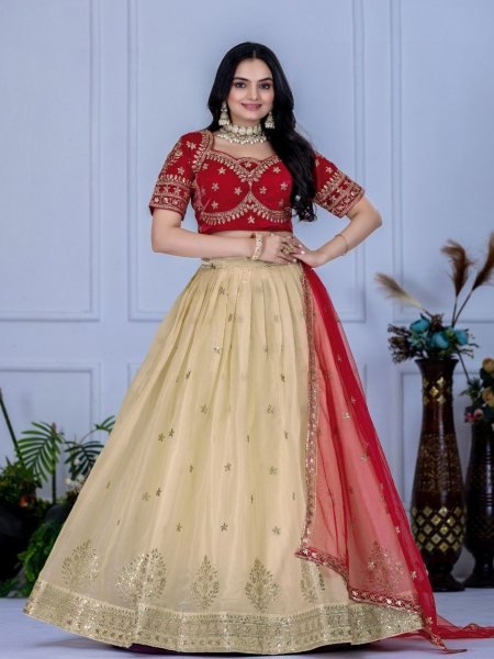 Red And White Heavy Embroidered Lehenga with Net Dupatta for Women  Lehenga