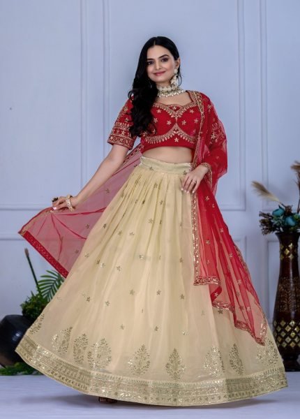 Red And White Heavy Embroidered Lehenga with Net Dupatta for Women Designer Lehenga Choli