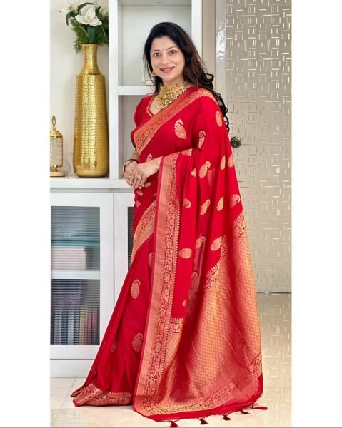 Red Banarasi Soft Silk Saree with Heavy Zari Work for Party Look Banarasi Saree Wholesale