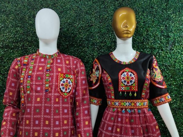 Red Bandhani Navratri Couple Outfit with Mirror Embroidery Kurta and Kediya Dhoti Set Couple Combo collection 