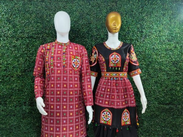 Red Bandhani Navratri Couple Outfit with Mirror Embroidery Kurta and Kediya Dhoti Set Couple Combo collection 