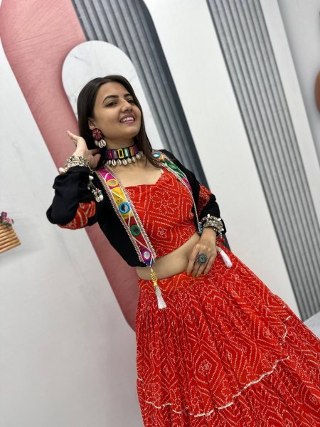 Red Bandhej Georgette Lehenga Choli with 9 Mtr Flair and Handwork Jacket for Garba Nights Navratri Lehnega Choli