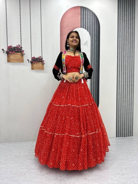 Red Bandhej Georgette Lehenga Choli with 9 Mtr Flair and Handwork Jacket for Garba Nights Navratri Lehnega Choli