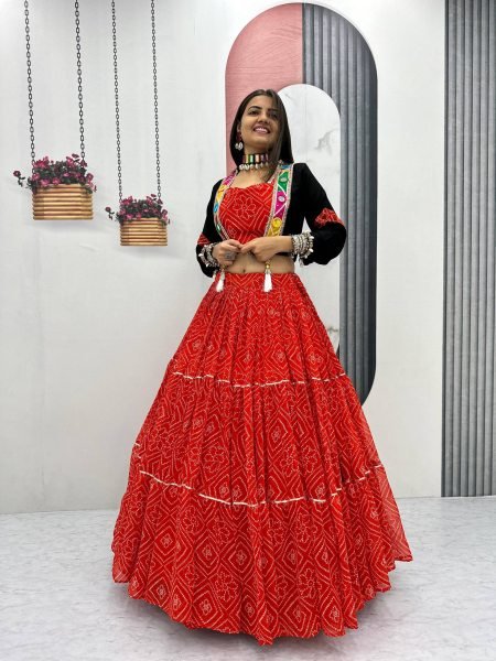 Red Bandhej Georgette Lehenga Choli with 9 Mtr Flair and Handwork Jacket for Garba Nights Navratri Lehnega Choli