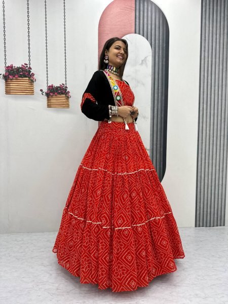 Red Bandhej Georgette Lehenga Choli with 9 Mtr Flair and Handwork Jacket for Garba Nights Navratri Lehnega Choli