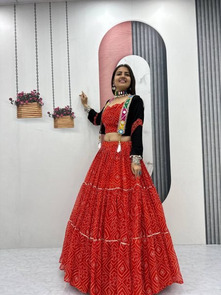 Red Bandhej Georgette Lehenga Choli with 9 Mtr Flair and Handwork Jacket for Garba Nights Navratri Lehnega Choli