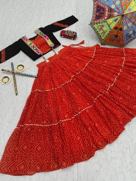 Red Bandhej Georgette Lehenga Choli with 9 Mtr Flair and Handwork Jacket for Garba Nights Navratri Lehnega Choli