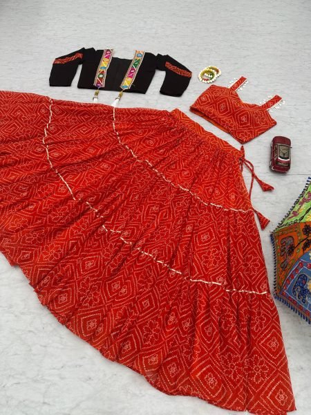 Red Bandhej Georgette Lehenga Choli with 9 Mtr Flair and Handwork Jacket for Garba Nights Navratri Lehnega Choli