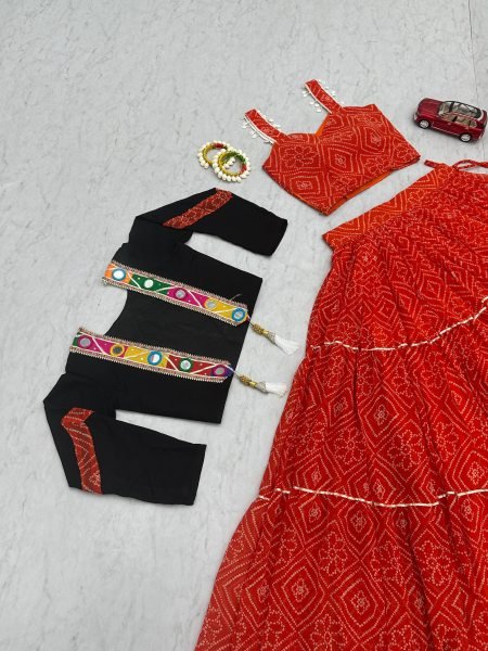 Red Bandhej Georgette Lehenga Choli with 9 Mtr Flair and Handwork Jacket for Garba Nights Navratri Lehnega Choli