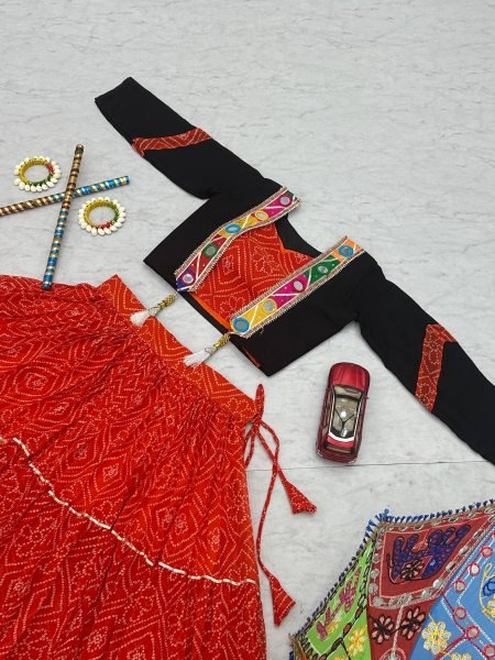 Red Bandhej Georgette Lehenga Choli with 9 Mtr Flair and Handwork Jacket for Garba Nights Navratri Lehnega Choli