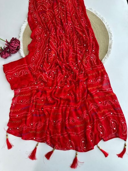 Red Bandhej Mirror Work Saree Collection with Premium Traditional Craftsmanship 