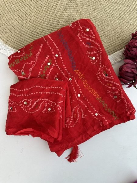 Red Bandhej Mirror Work Saree Collection with Premium Traditional Craftsmanship Bandhej Sarees Wholesale