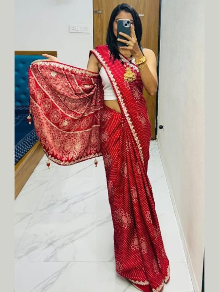 Red Bandhej Saree in Pure Gaji Silk with Traditional Lagdi Patta &  Hand Work Sarees 