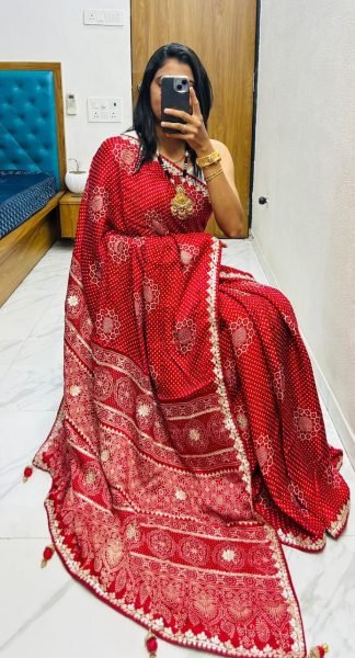Red Bandhej Saree in Pure Gaji Silk with Traditional Lagdi Patta &  Hand Work Bandhej Sarees Wholesale