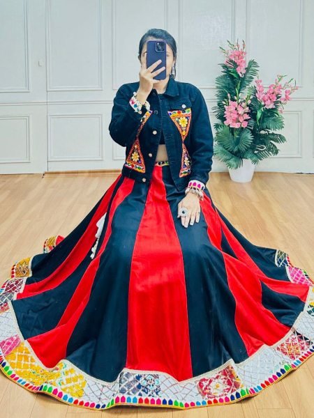 Red and Black Traditional Rayon Lehenga with Denim Embroidered Koti Ideal for Dandiya Nights 