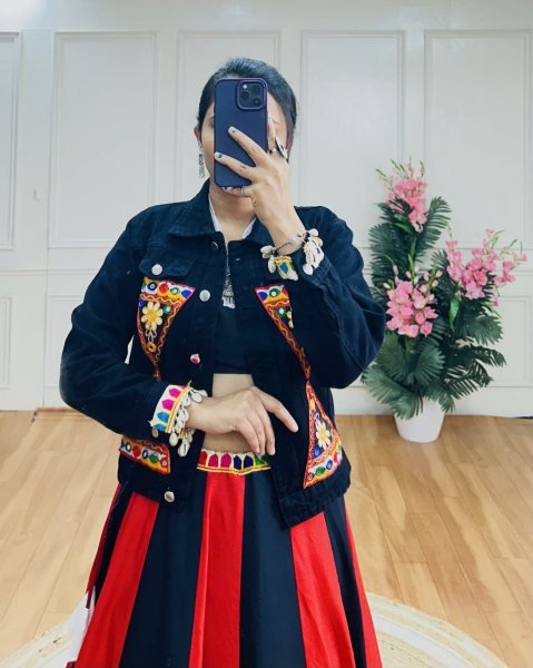 Red and Black Traditional Rayon Lehenga with Denim Embroidered Koti Ideal for Dandiya Nights Navratri Collection