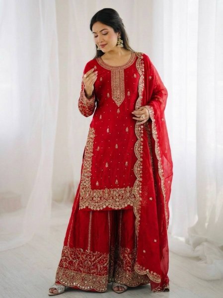 Red Bollywood Style Designer Suit Set With Palazzo for Wedding Wear Women Ready To Wear Collection