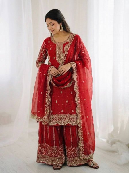 Red Bollywood Style Designer Suit Set With Palazzo for Wedding Wear Women Ready To Wear Collection