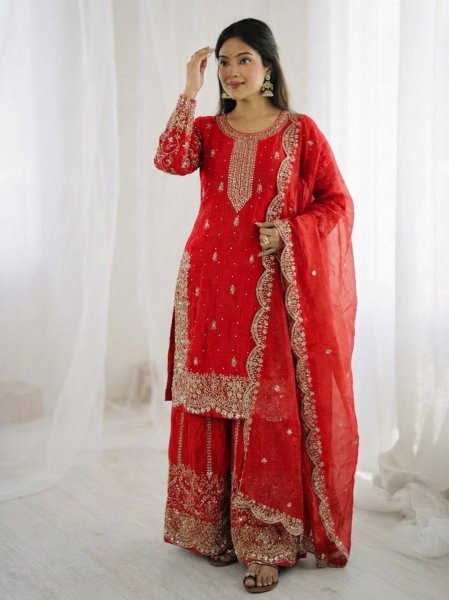 Red Bollywood Style Designer Suit Set With Palazzo for Wedding Wear Women Ready To Wear Collection