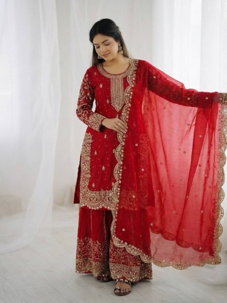 Red Bollywood Style Designer Suit Set With Palazzo for Wedding Wear Women Ready To Wear Collection