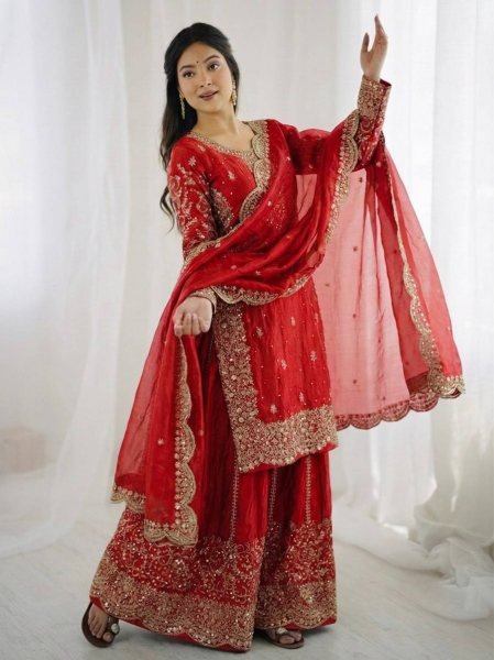 Red Bollywood Style Designer Suit Set With Palazzo for Wedding Wear Women Ready To Wear Collection