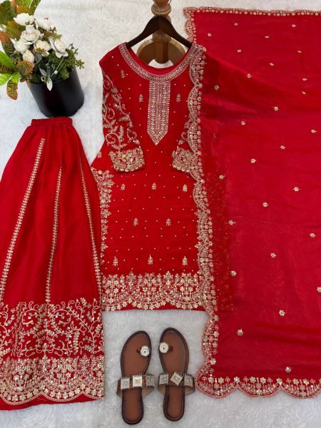 Red Bollywood Style Designer Suit Set With Palazzo for Wedding Wear Women Ready To Wear Collection