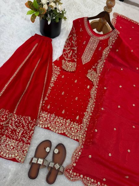 Red Bollywood Style Designer Suit Set With Palazzo for Wedding Wear Women Ready To Wear Collection