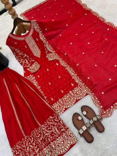 Red Bollywood Style Designer Suit Set With Palazzo for Wedding Wear Women Ready To Wear Collection