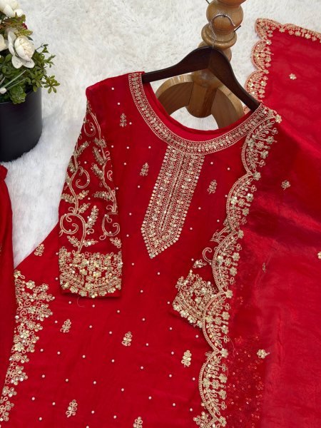 Red Bollywood Style Designer Suit Set With Palazzo for Wedding Wear Women Ready To Wear Collection