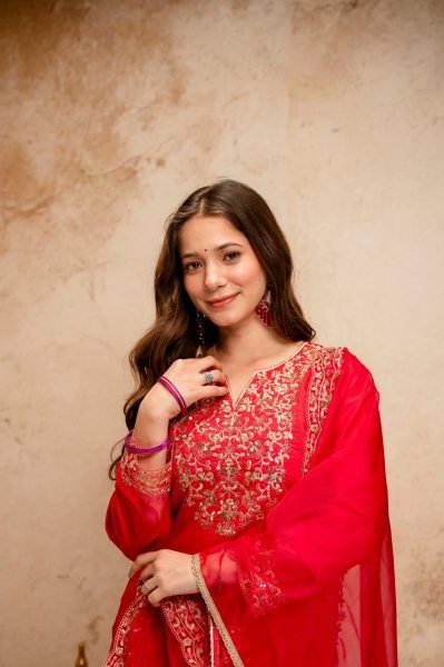 Red Chanderi Embroidered Kurti Pant Dupatta Set with Organza Dupatta for Festive Wear  Straight Cut Long Kurtis