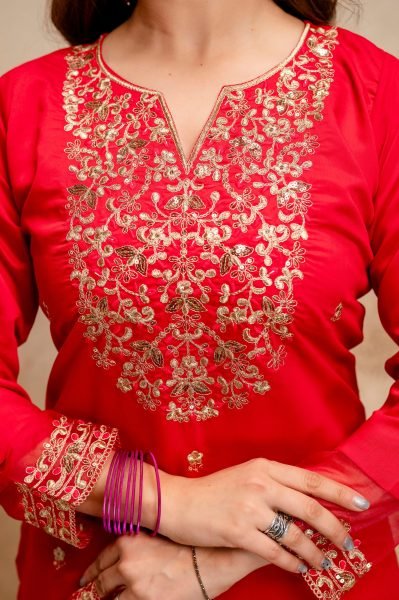 Red Chanderi Embroidered Kurti Pant Dupatta Set with Organza Dupatta for Festive Wear  Straight Cut Long Kurtis