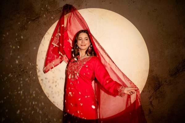 Red Chanderi Embroidered Kurti Pant Dupatta Set with Organza Dupatta for Festive Wear  Straight Cut Long Kurtis