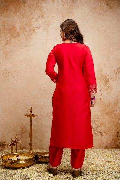 Red Chanderi Embroidered Kurti Pant Dupatta Set with Organza Dupatta for Festive Wear  Straight Cut Long Kurtis
