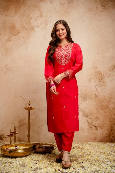 Red Chanderi Embroidered Kurti Pant Dupatta Set with Organza Dupatta for Festive Wear  Straight Cut Long Kurtis