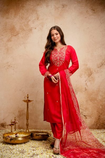 Red Chanderi Embroidered Kurti Pant Dupatta Set with Organza Dupatta for Festive Wear  Straight Cut Long Kurtis