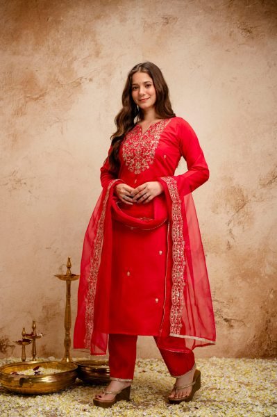 Red Chanderi Embroidered Kurti Pant Dupatta Set with Organza Dupatta for Festive Wear  Straight Cut Long Kurtis