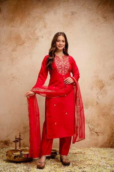 Red Chanderi Embroidered Kurti Pant Dupatta Set with Organza Dupatta for Festive Wear  Straight Cut Long Kurtis
