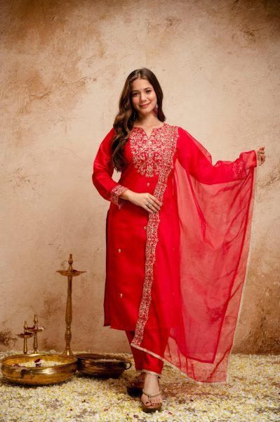 Red Chanderi Embroidered Kurti Pant Dupatta Set with Organza Dupatta for Festive Wear  Straight Cut Long Kurtis