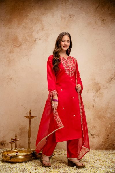 Red Chanderi Embroidered Kurti Pant Dupatta Set with Organza Dupatta for Festive Wear  Straight Cut Long Kurtis