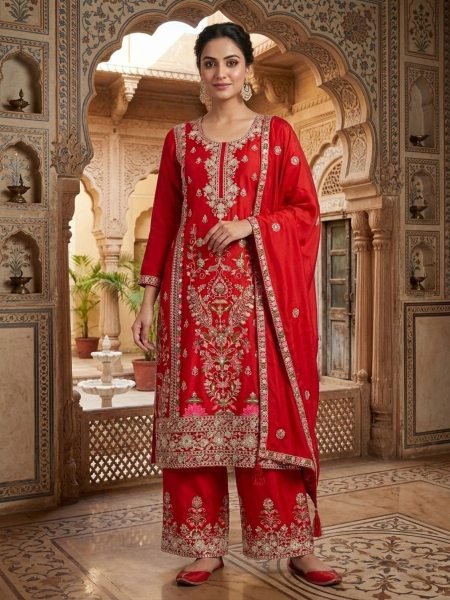 Red Chinnon Silk Kurti Palazzo Set with Dupatta for Wedding Wear 